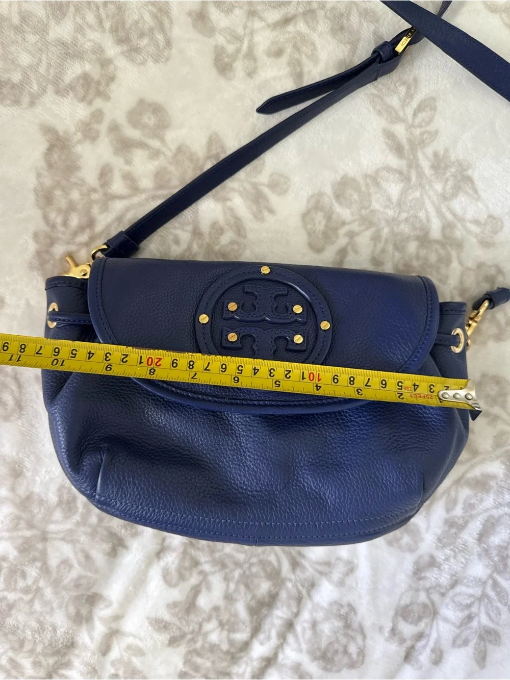 Tory Burch Amanda Flap Crossbody Bag Navy Blue Pebbled Leather